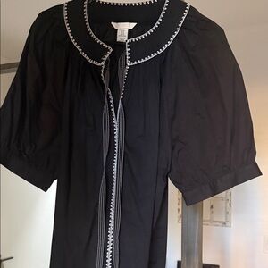 H&M Black Blouse with White Embroidered Trim